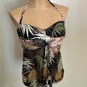 Kona Sol Black Tropical Leaf Swim Top